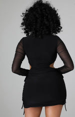 Genevieve Black Long Sheer Sleeve Ruched Mini Dress - Kamaniskloset