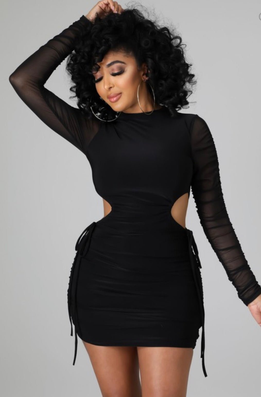 Genevieve Black Long Sheer Sleeve Ruched Mini Dress Kamaniskloset Genevieve Black Long Sheer Sleeve Ruched Mini Dress Kamaniskloset
